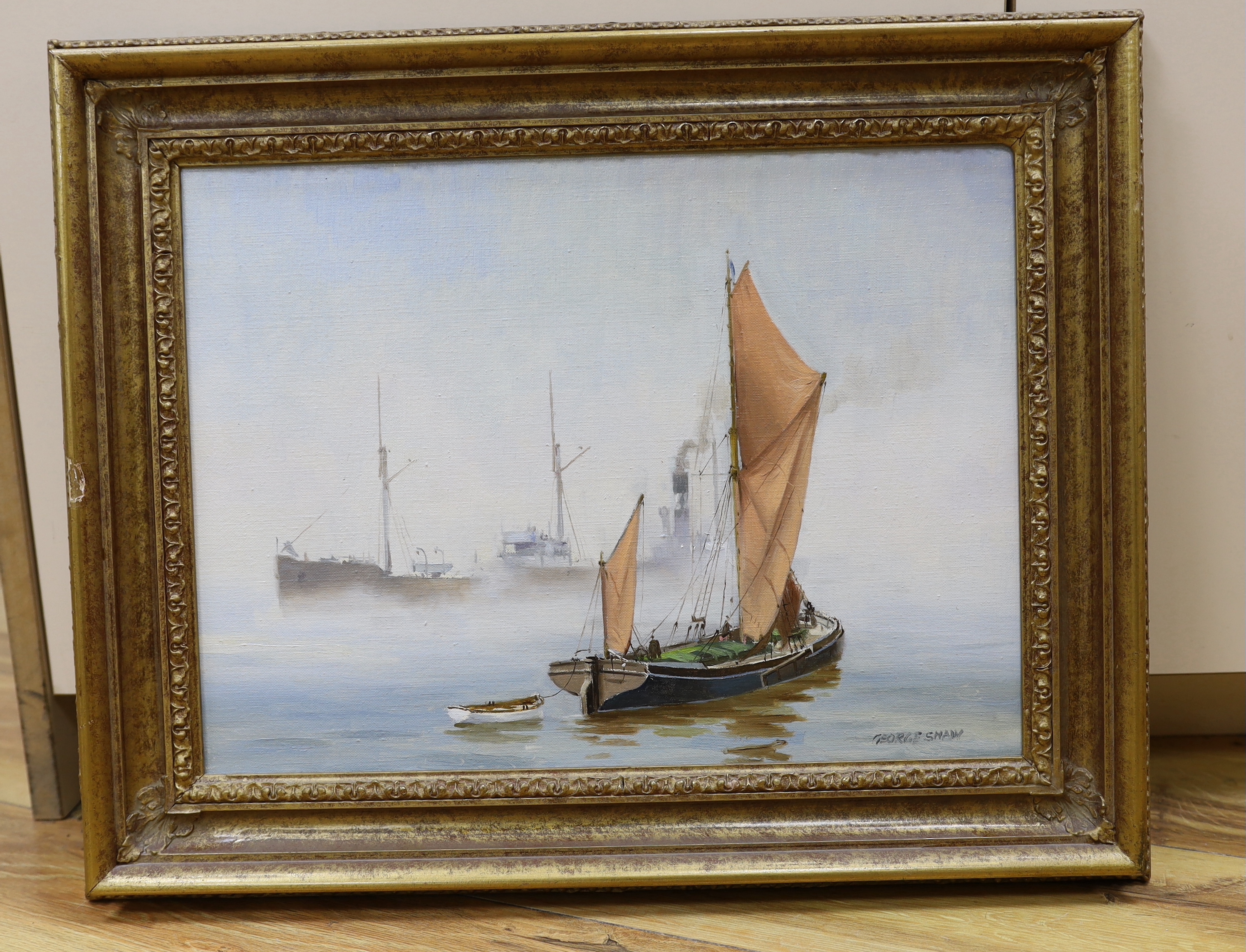 George Shaw (1929-1989), oil on canvas, Boats at sea, signed, Winsor & Newton stamp verso, 39 x 29cm